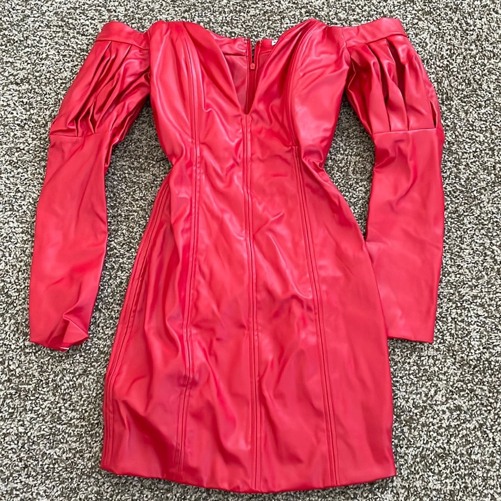 Petite Small Red Faux Leather Off Shoulder Dress